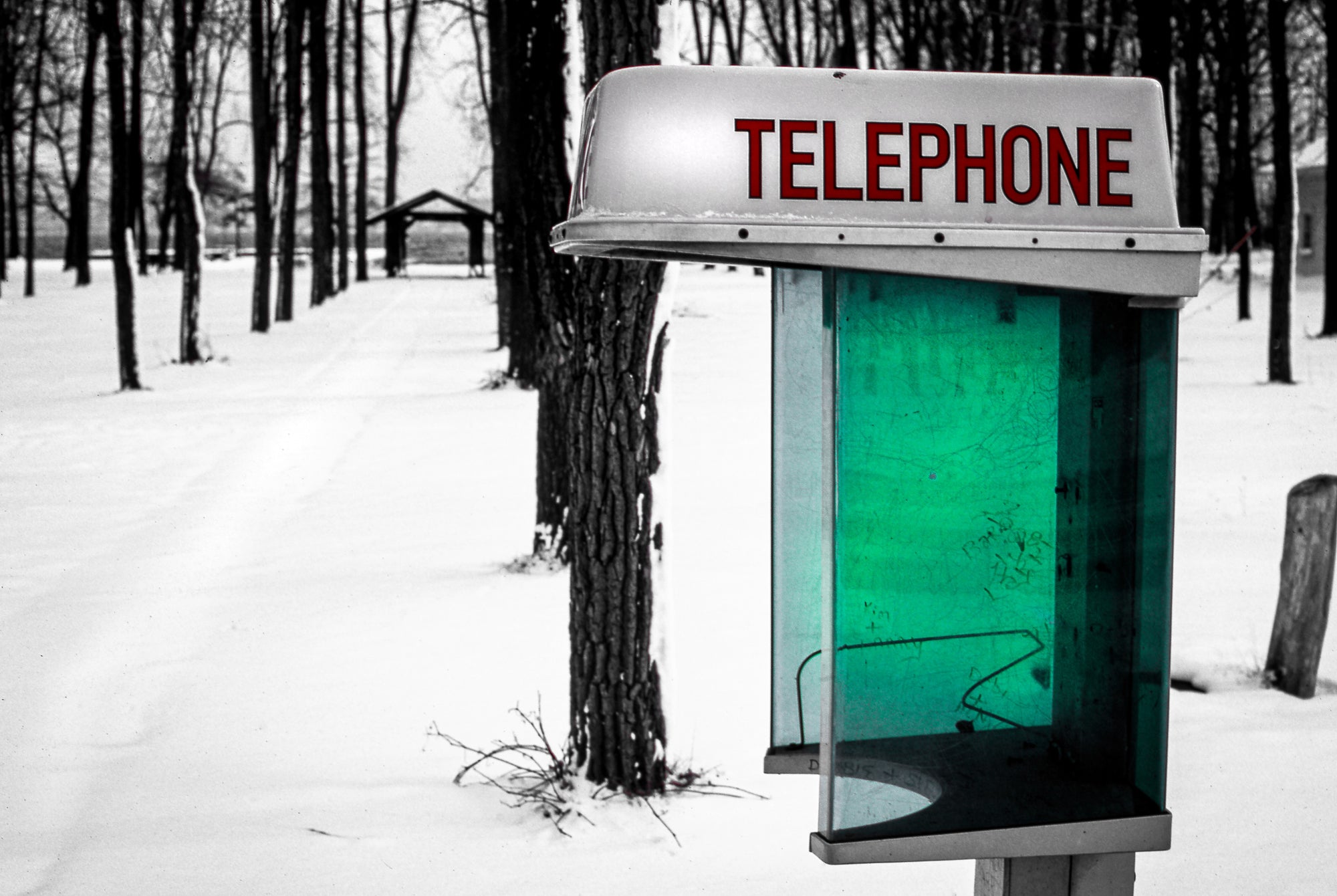 An old phone booth (with no phone) in a snowy woods at Presque Isle Park, Erie PA. Photographer Rick Graves