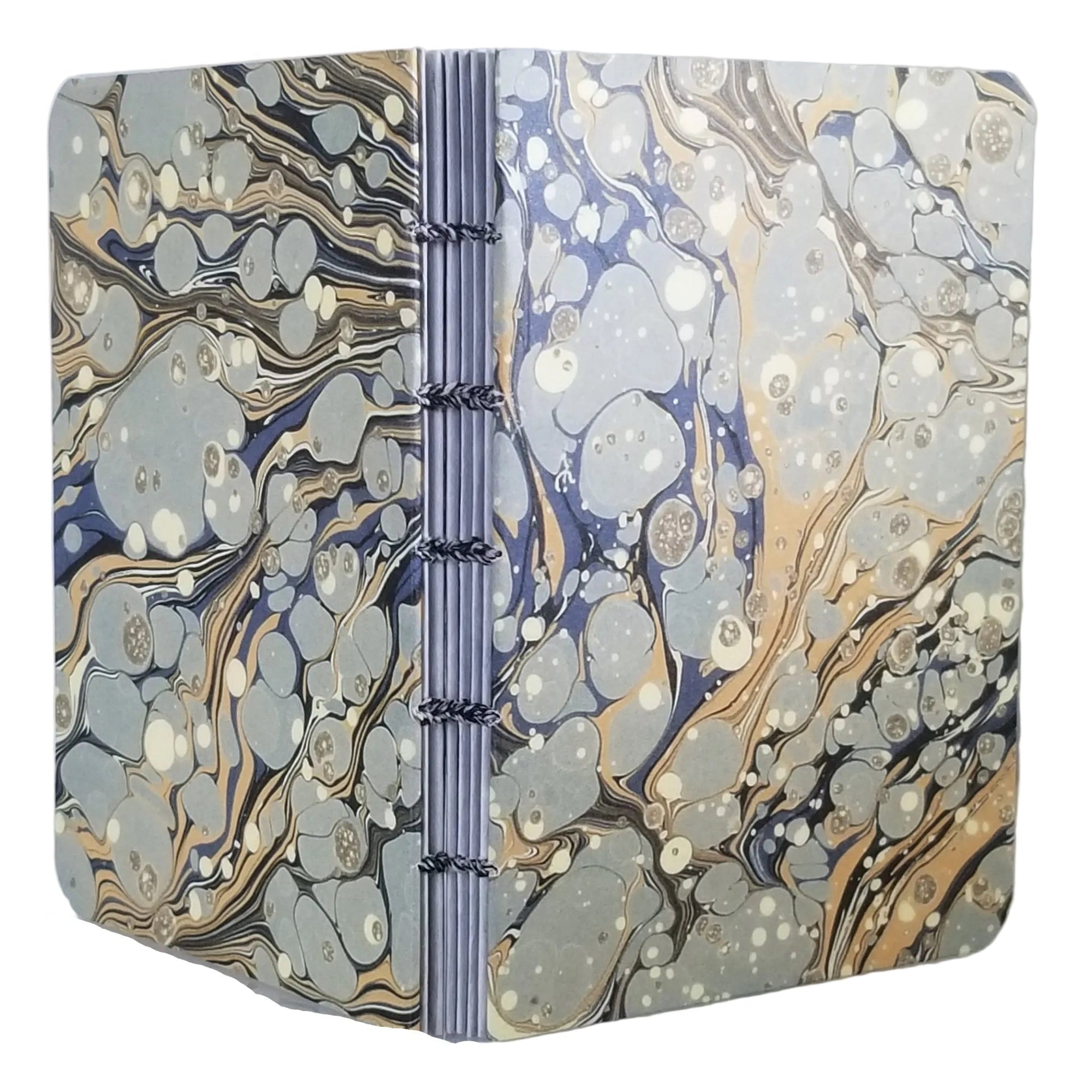 handmade small blank journal with predominantly olive and gold printed marbling pattern, exposed spine, and variegated black and white thread, ~4x5.5" 96 pages, shown on a white background