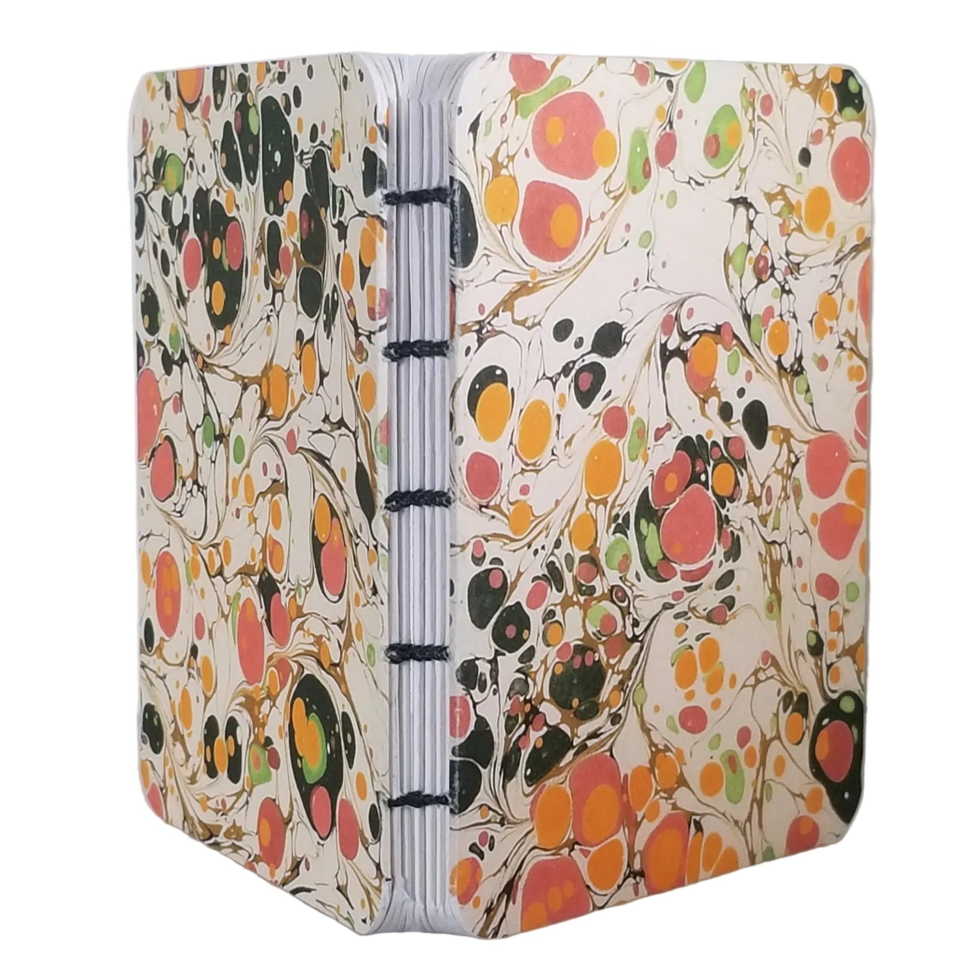 handmade coptic-bound blank notebook with multicolor printed marbled covers in cream, golden yellow, pinks, and dark green, bound with dark green waxed linen thread, ~4x5.5" 96 pages, shown on a white background