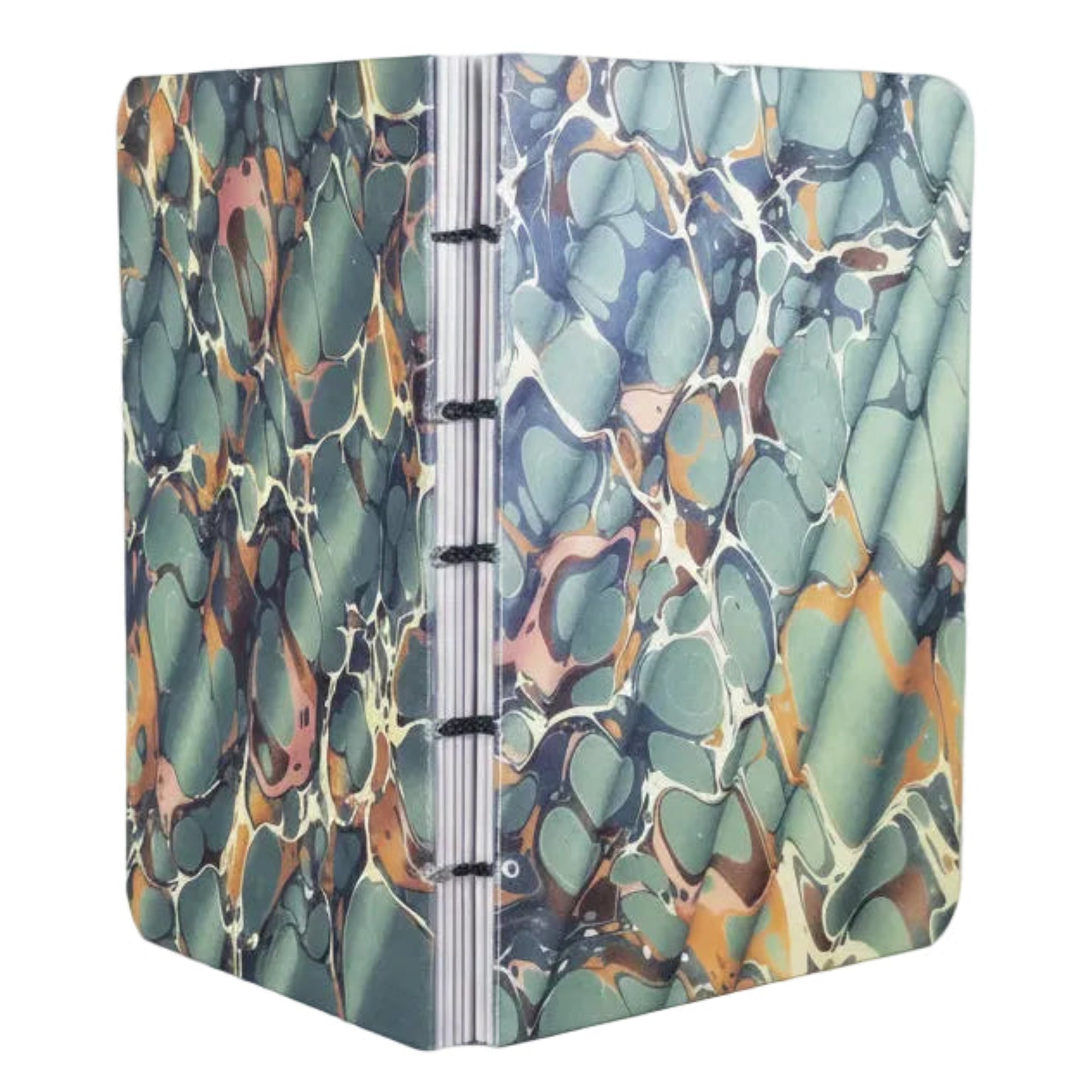 handmade coptic-bound blank notebook with multicolor printed marbled covers in greens, gold, and blue, bound with dark green waxed linen thread, ~4x5.5" 96 pages, shown on a white background