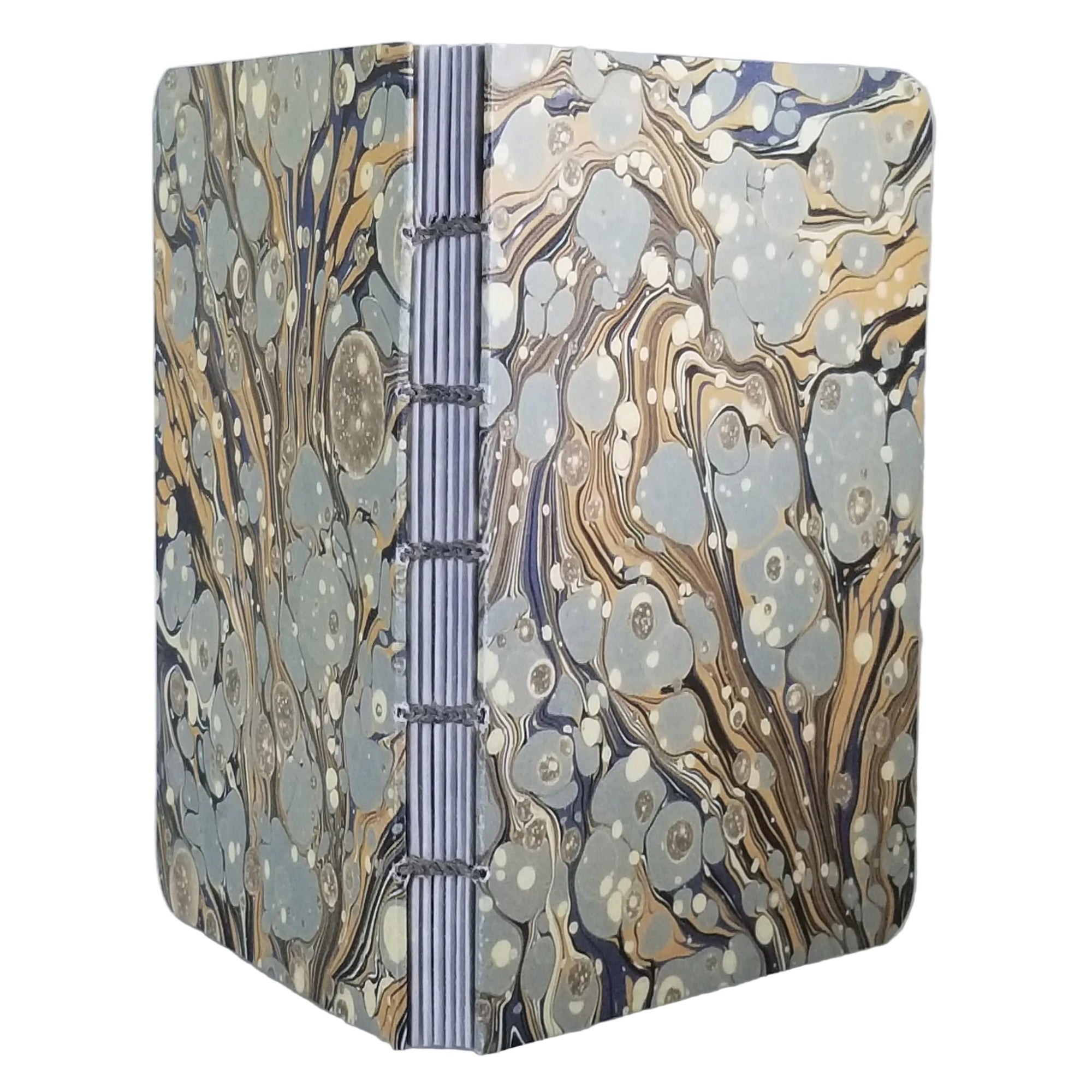 handmade coptic-bound blank notebook with multicolor printed marbled covers in grey, gold, and taupe, bound with a dark grey waxed linen thread, ~4x5.5" 96 pages, shown on a white background