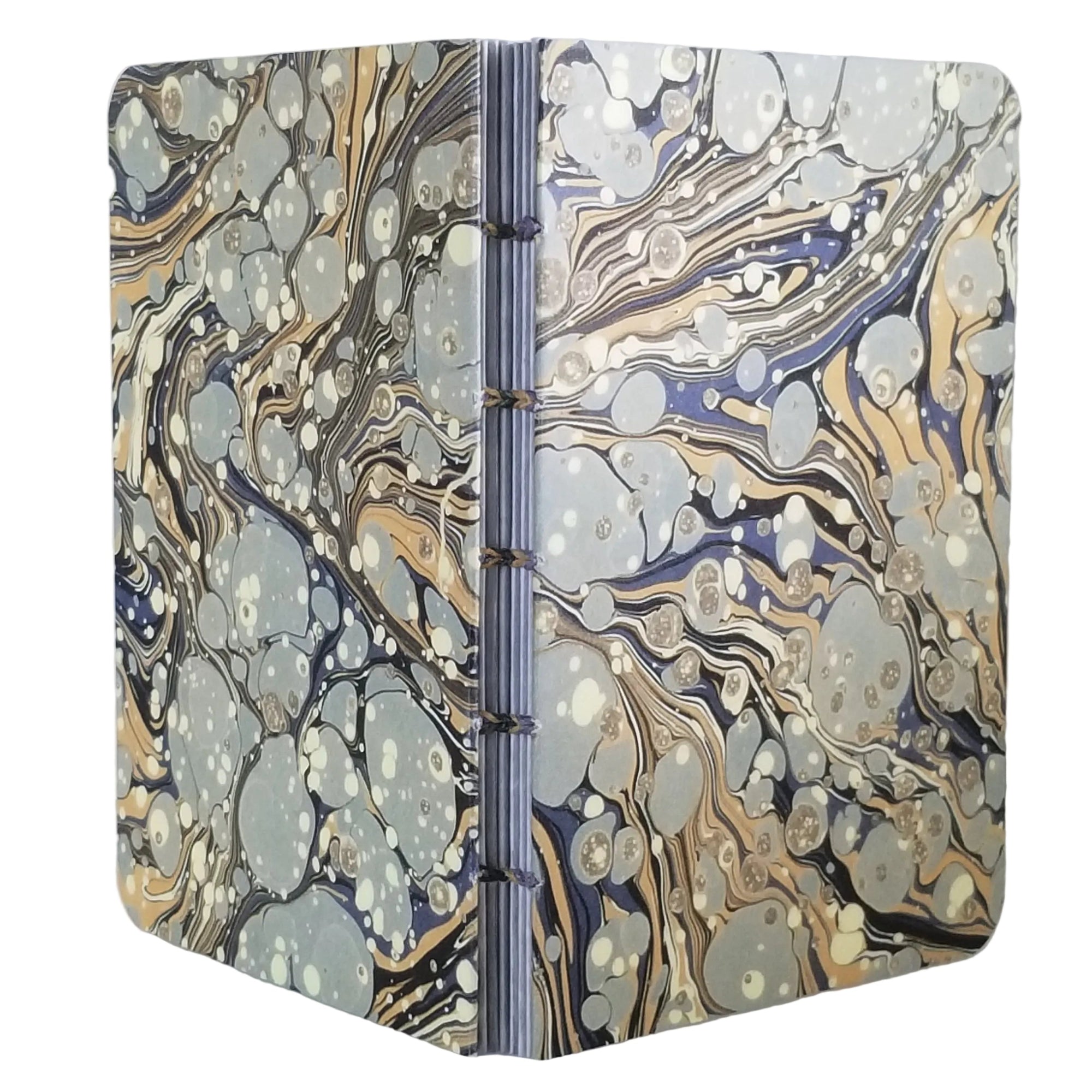 handmade coptic-bound blank notebook with multicolor printed marbled covers in greys, yellows, and blues, bound with variegated waxed linen thread in matching colors, ~4x5.5" 96 pages, shown on a white background
