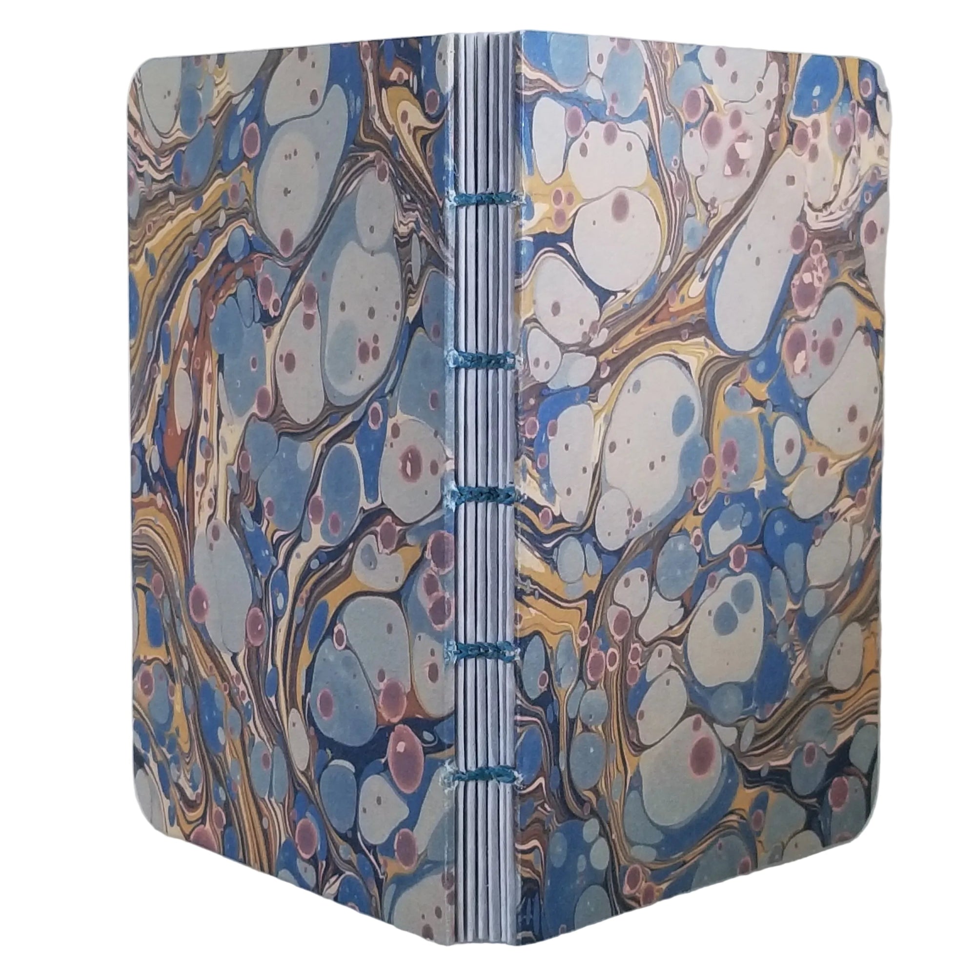 handmade coptic-bound blank notebook with multicolor printed marbled covers in blues, taupe, cream, and gold, bound with teal waxed linen thread, ~4x5.5" 96 pages, shown on a white background