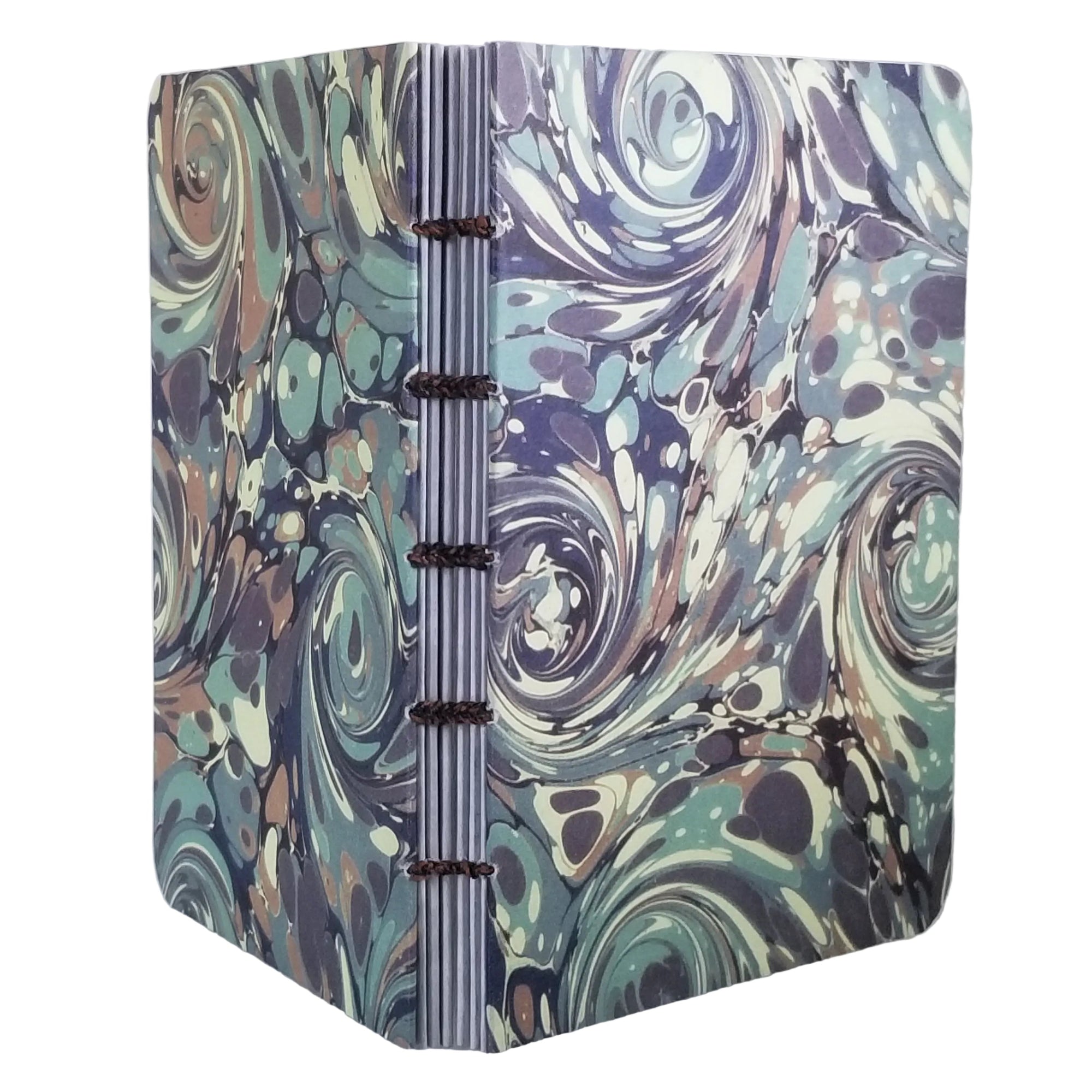 handmade coptic-bound blank notebook with multicolor printed marbled covers in greens, cream, and  taupe, bound with brown and black variegated thread, ~4x5.5" 96 pages, shown on a white background