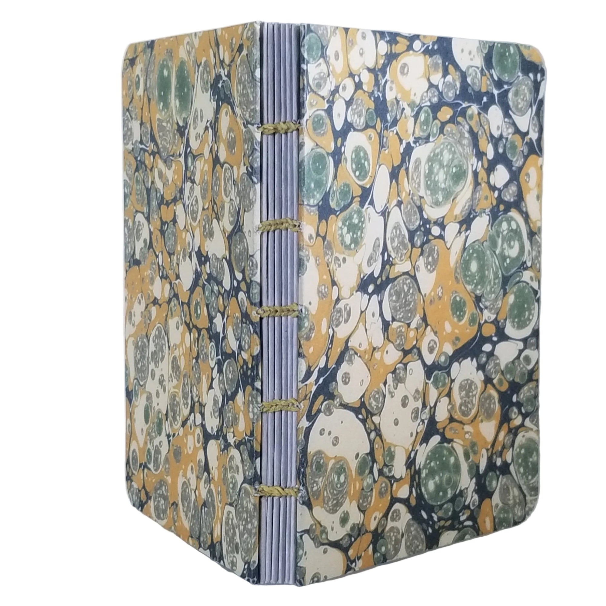 handmade coptic-bound blank notebook with multicolor printed marbled covers in gold, cream, greens, and blue bound with golden yellow waxed linen thread, ~4x5.5"  96 pages, shown on a white background 