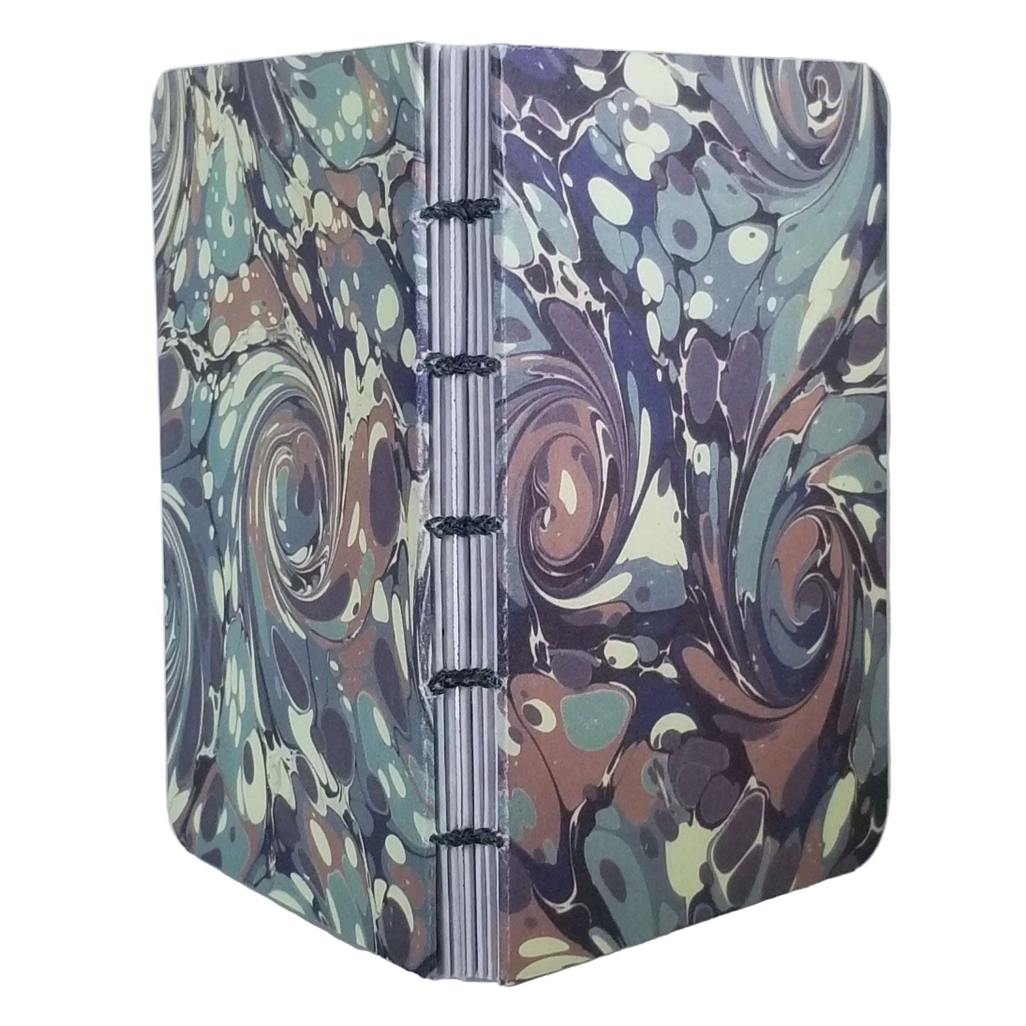 handmade coptic-bound blank notebook with multicolor printed marbled covers in greens, blues, and rust, ~4x5.5" 96 pages, shown on a white background