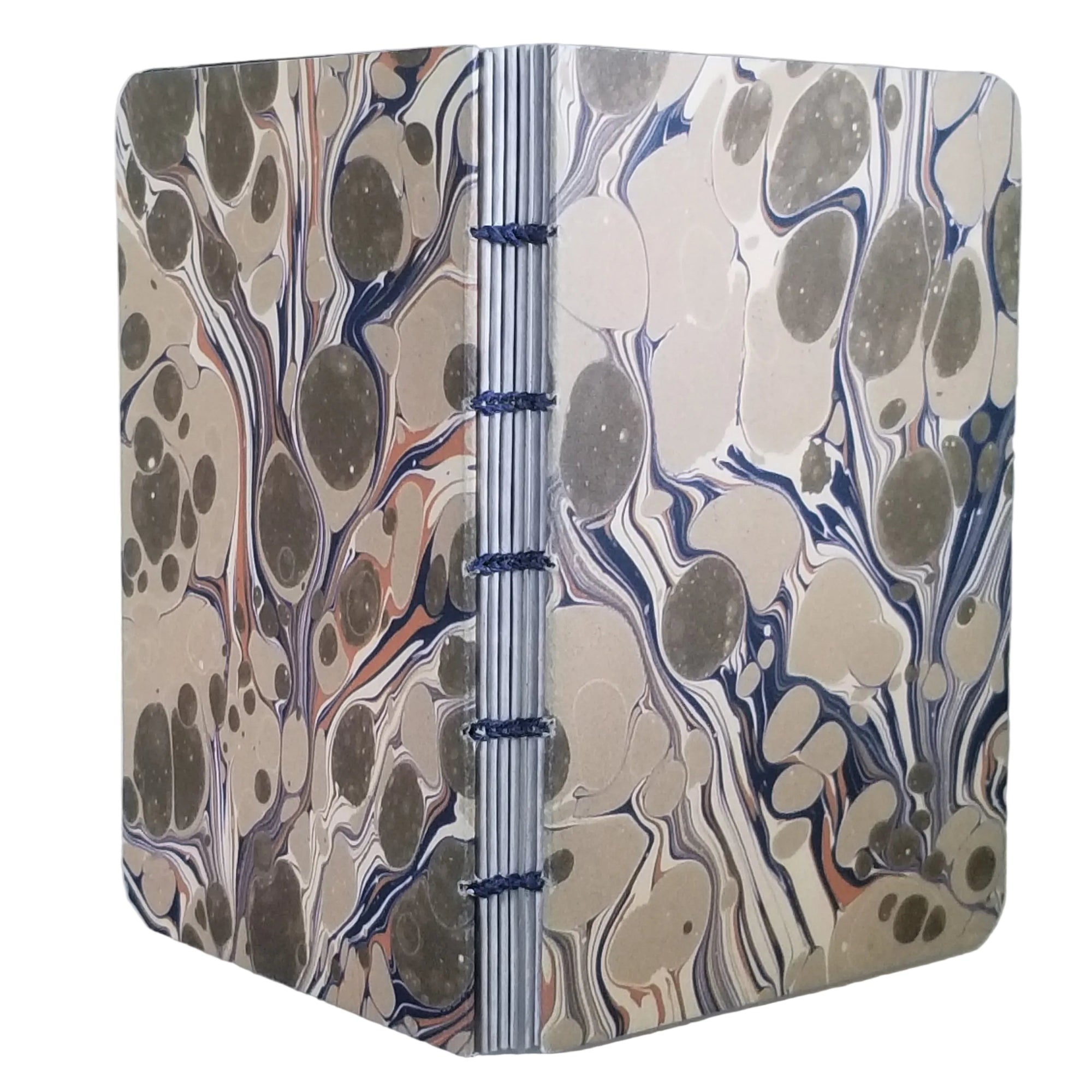 small handmade notebook with marbled cover design in cream, taupe, and blue with blue waxed linen thread, ~4x5.5" 96 pages, shown on a white background