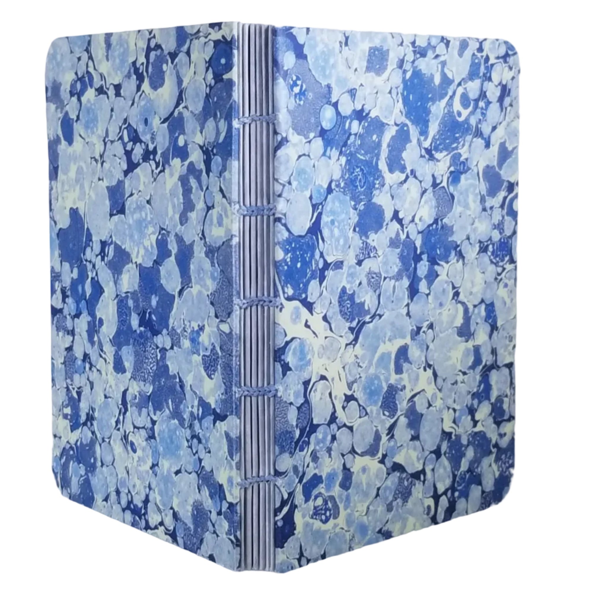 handmade coptic-bound blank notebook with blue and light blue printed marbled covers and light blue waxed linen thread, ~4x5.5" 96 pages, shown on a white background
