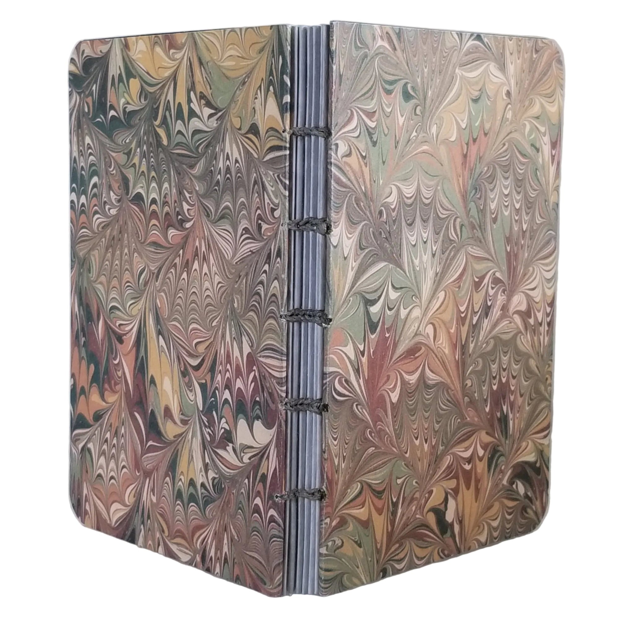 handmade small blank journal with predominantly brown and green printed paper marbling pattern, exposed spine, and sage-green thread, ~4x5.5" 96 pages, shown on a white background
