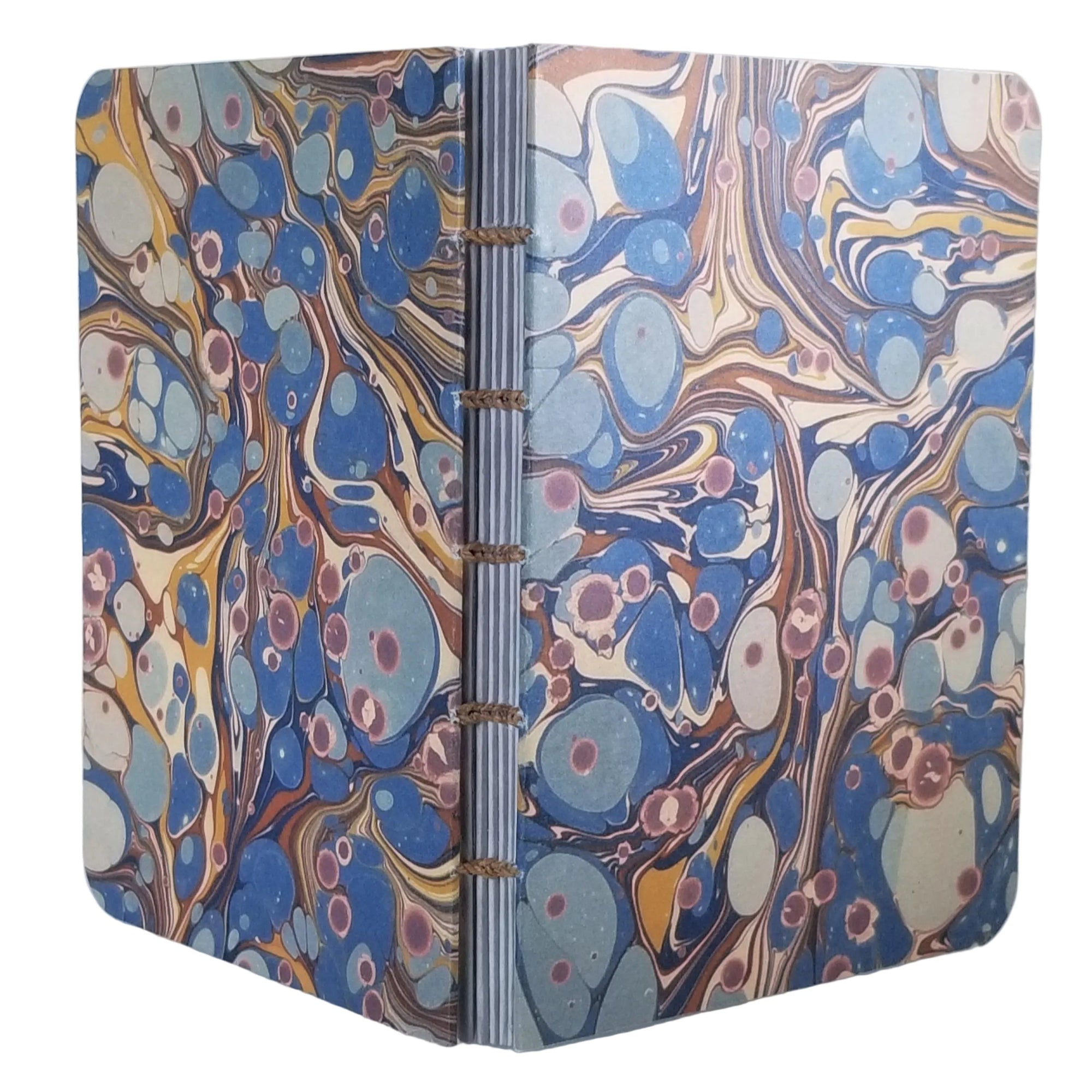 handmade coptic-bound blank notebook with printed marbled covers in blues, gold, and cream with rust-colored thread, ~4x5.5" 96 pages, shown on a white background