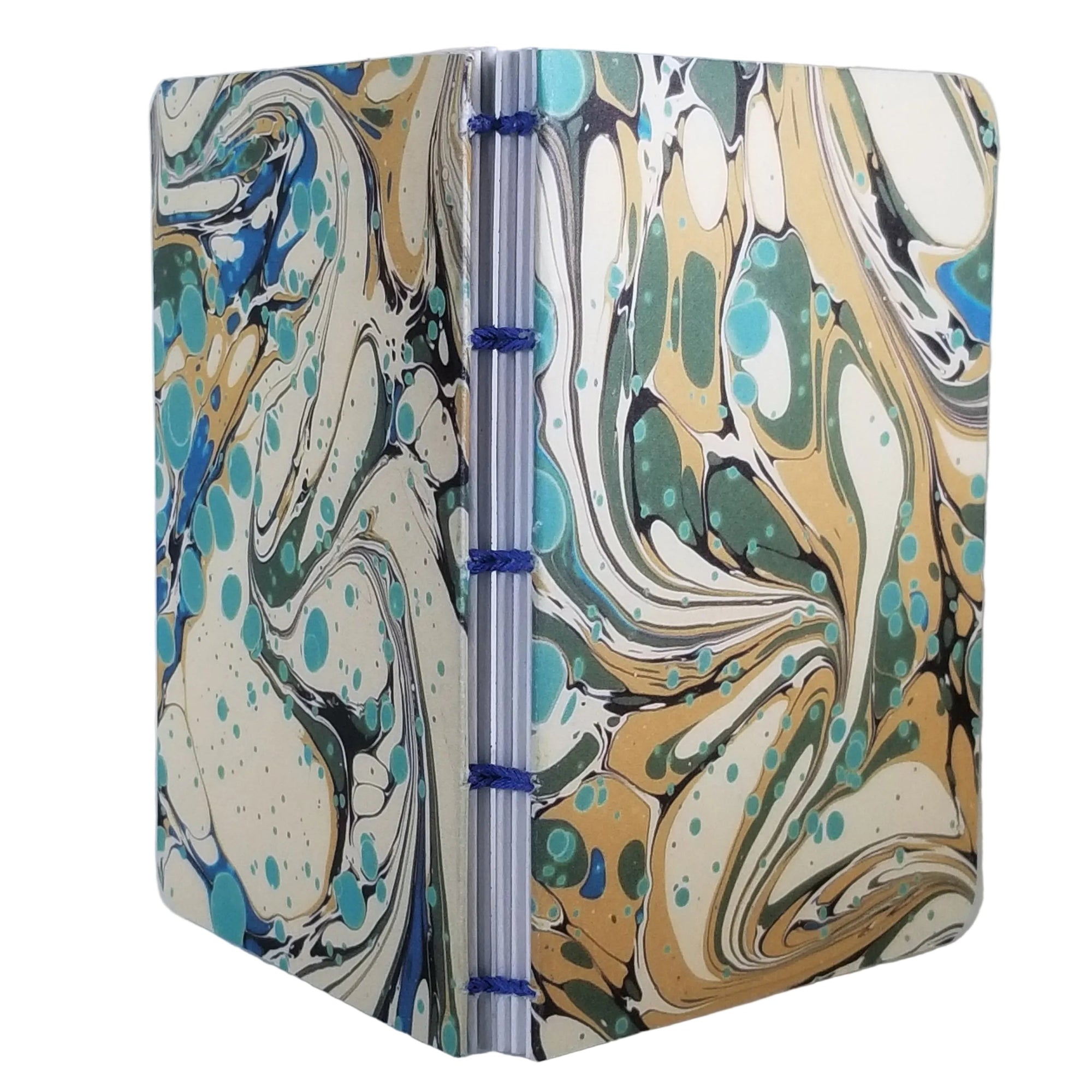 handmade small blank journal with predominantly gold, green, and blue printed paper marbling pattern, exposed spine, and blue thread, ~4x5.5" 96 pages, shown on a white background