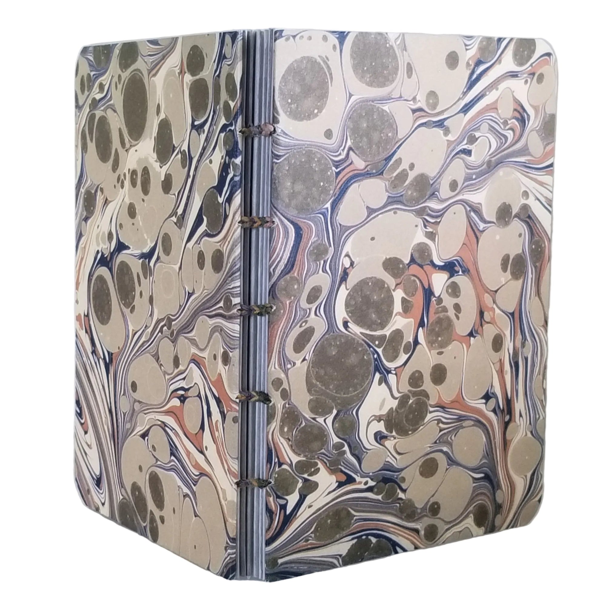 handmade small blank journal with predominantly olive and cream printed paper marbling pattern, exposed spine, and variegated thread in matching colors, ~4x5.5" 96 pages, shown on a white background