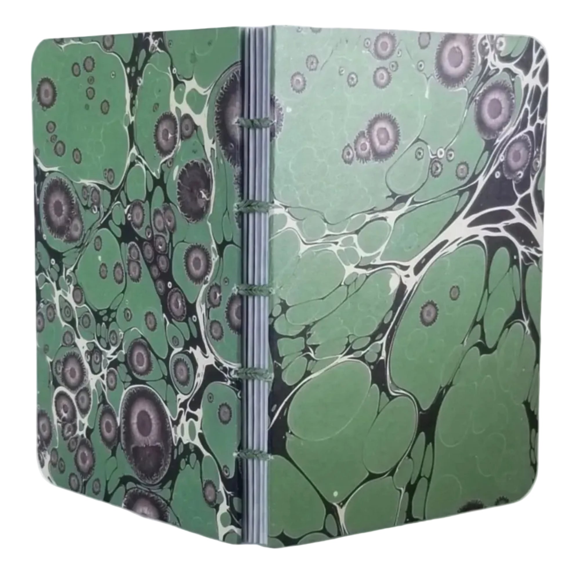 handmade small blank journal with predominantly green and black printed paper marbling pattern, exposed spine, and green thread, ~4x5.5" 96 pages, shown on a white background