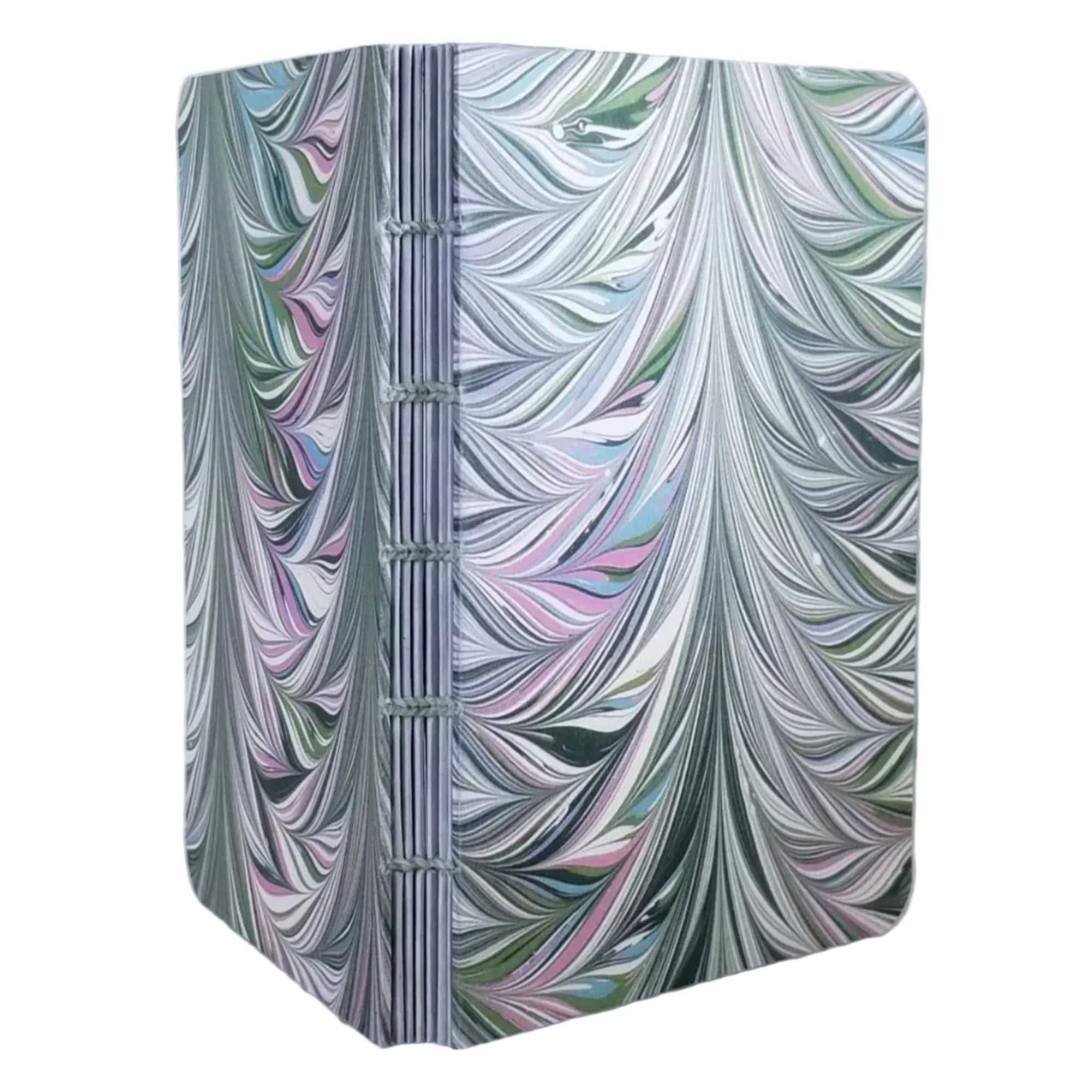 handmade small blank journal with predominantly green and pink printed paper marbling pattern, exposed spine, and pale green thread, ~4x5.5" 96 pages, shown on a white background
