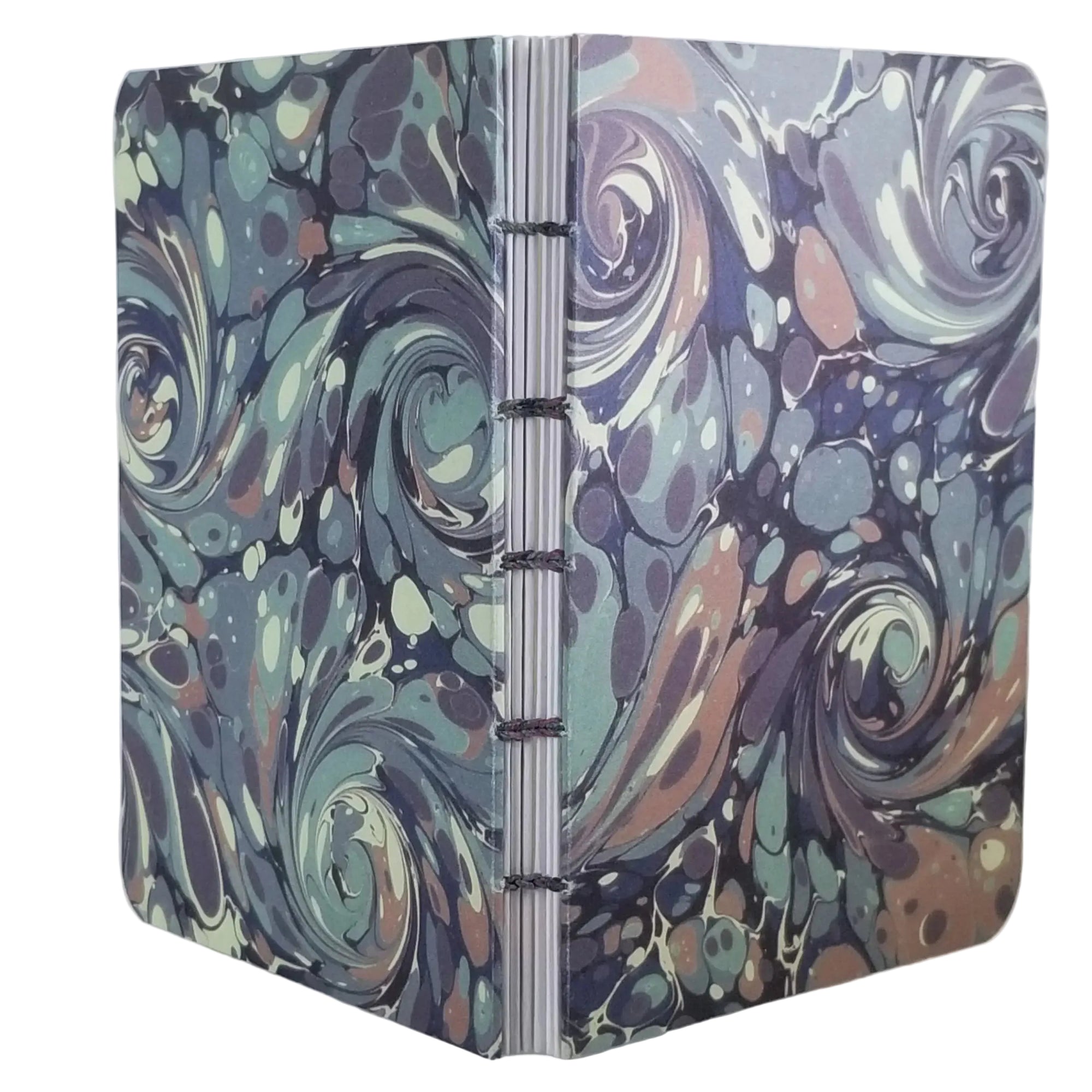 handmade small blank journal with predominantly green printed paper marbling pattern, exposed spine, and dark brown thread, ~4x5.5" 96 pages, shown on a white background