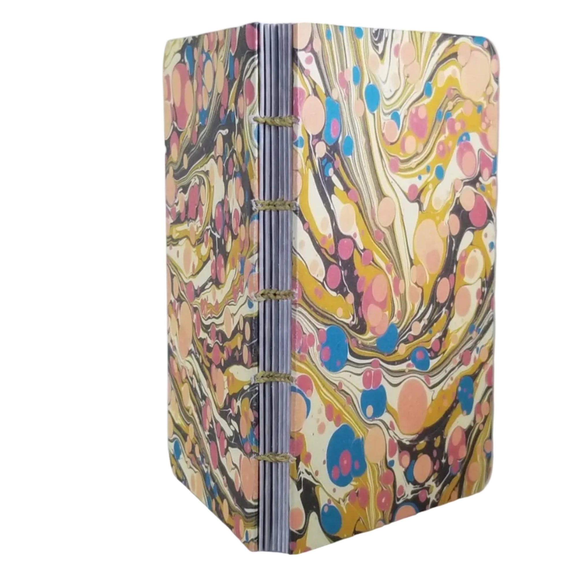 handmade small blank journal with gold, blue, and pink printed paper marbling pattern, exposed spine, and golden-colored thread, ~4x5.5" 96 pages, shown on a white background