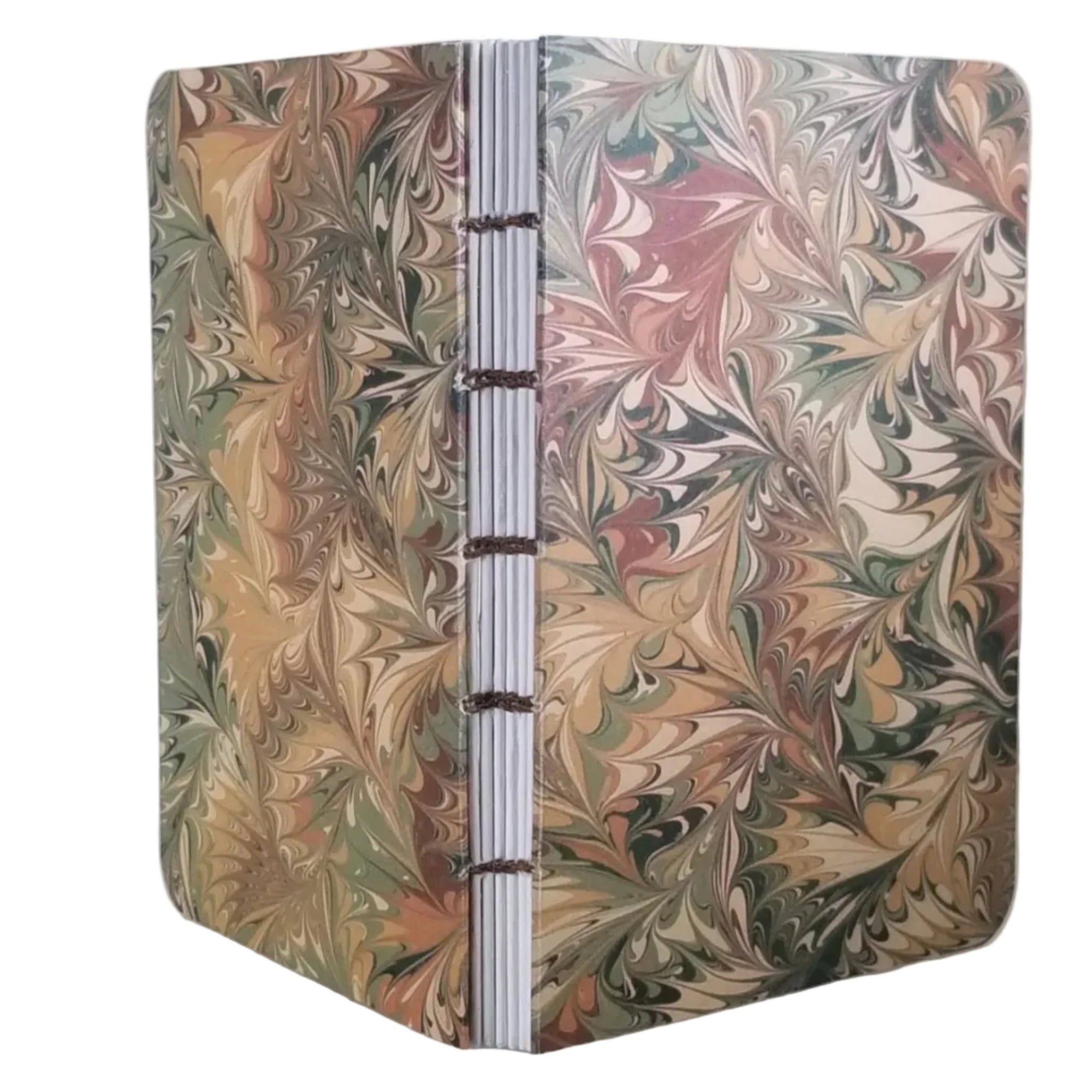 handmade small blank journal with brown and green printed paper marbling pattern, exposed spine, and brown thread, ~4x5.5" 96 pages, shown on a white background