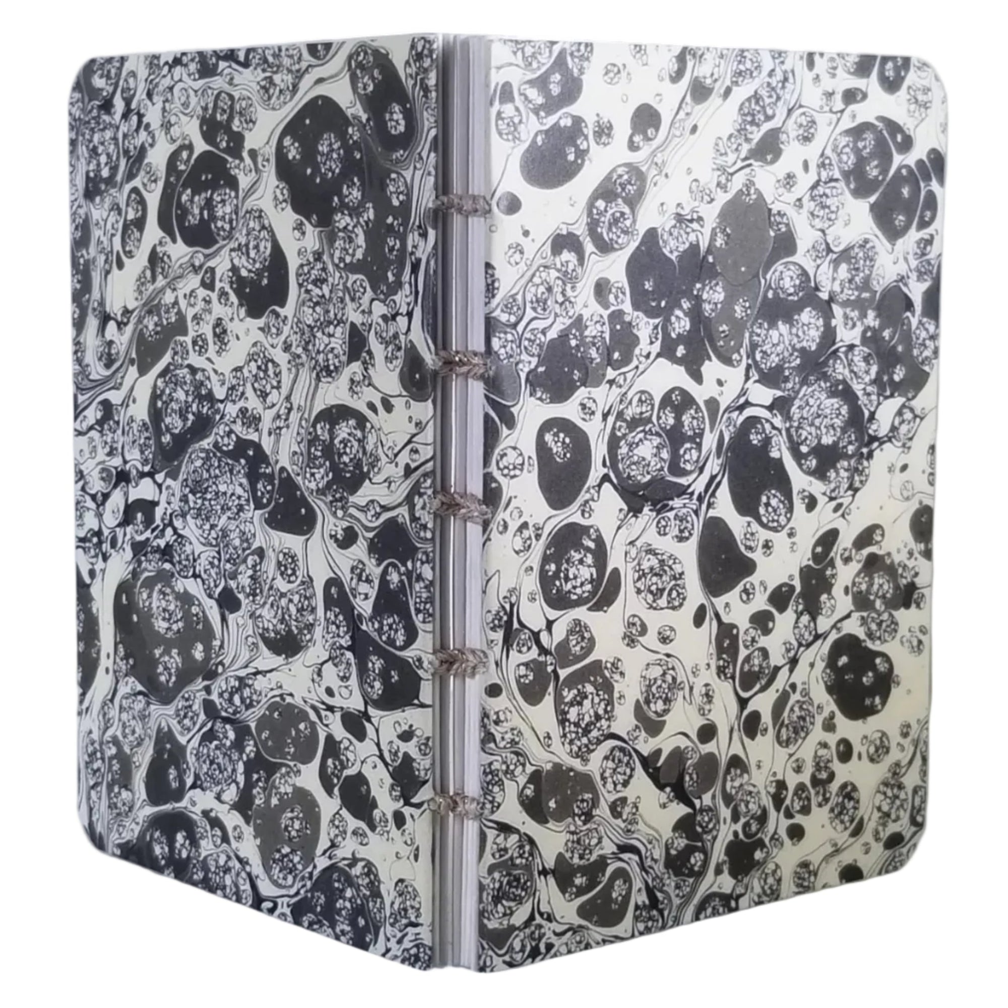 handmade small blank journal with taupe and cream-colored printed paper marbling pattern, exposed spine, and gold thread, ~4x5.5" 96 pages, shown on a white background