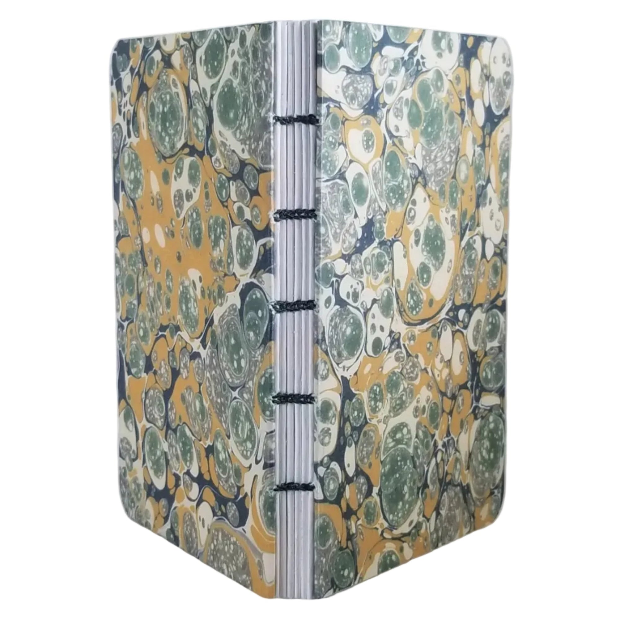 handmade small journal with green and gold printed paper marbling pattern, exposed spine, and green thread, ~4x5.25" 96 pages, shown on a white background