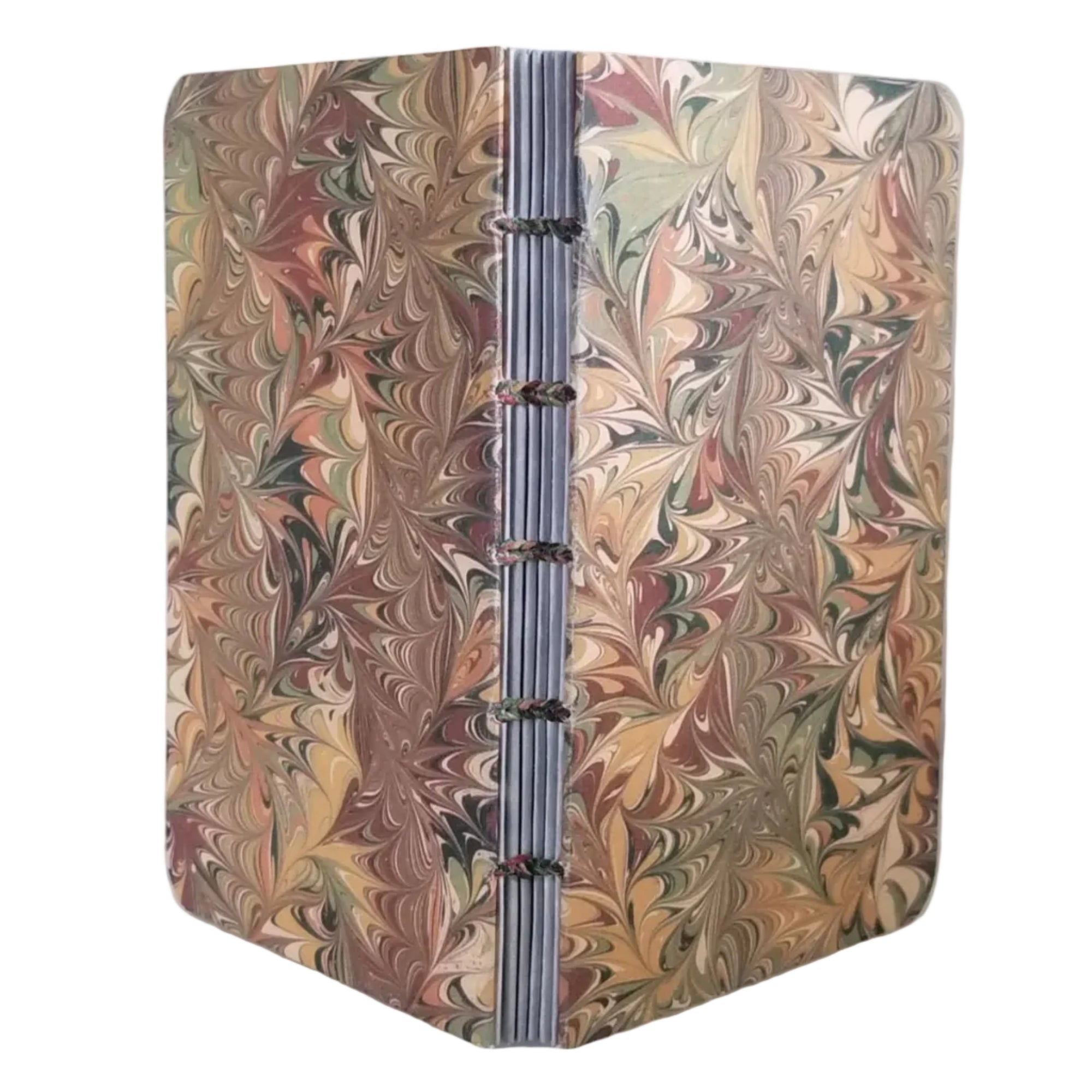handmade small journal with brown and green printed paper marbling pattern, exposed spine, and variegated thread in matching colors, ~4x5.25" 96 pages, shown on a white background