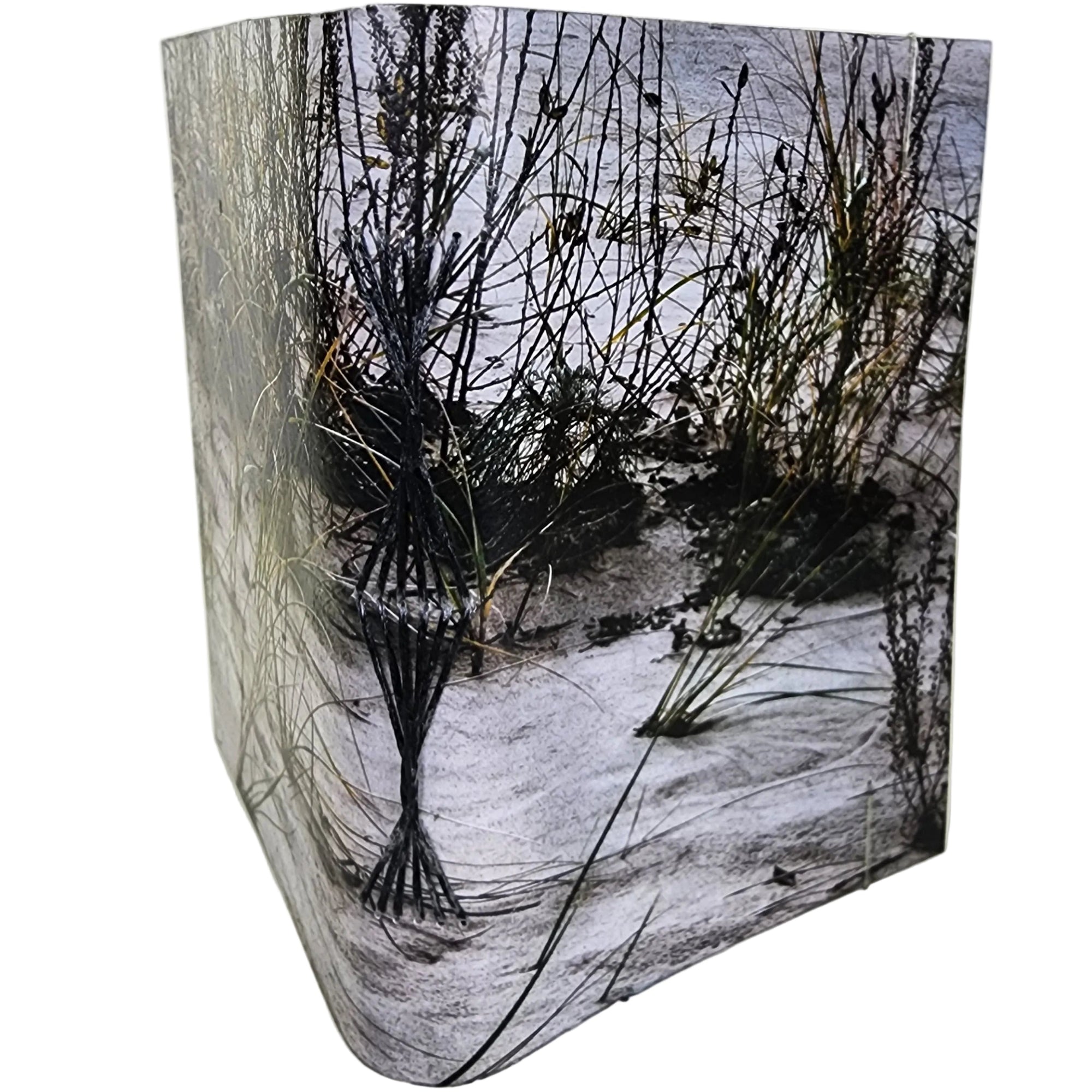 0341 photowrap journal, t'rivers Lake Michigan shore, black butterfly longstitch binding, coated cover, clear elastic closure