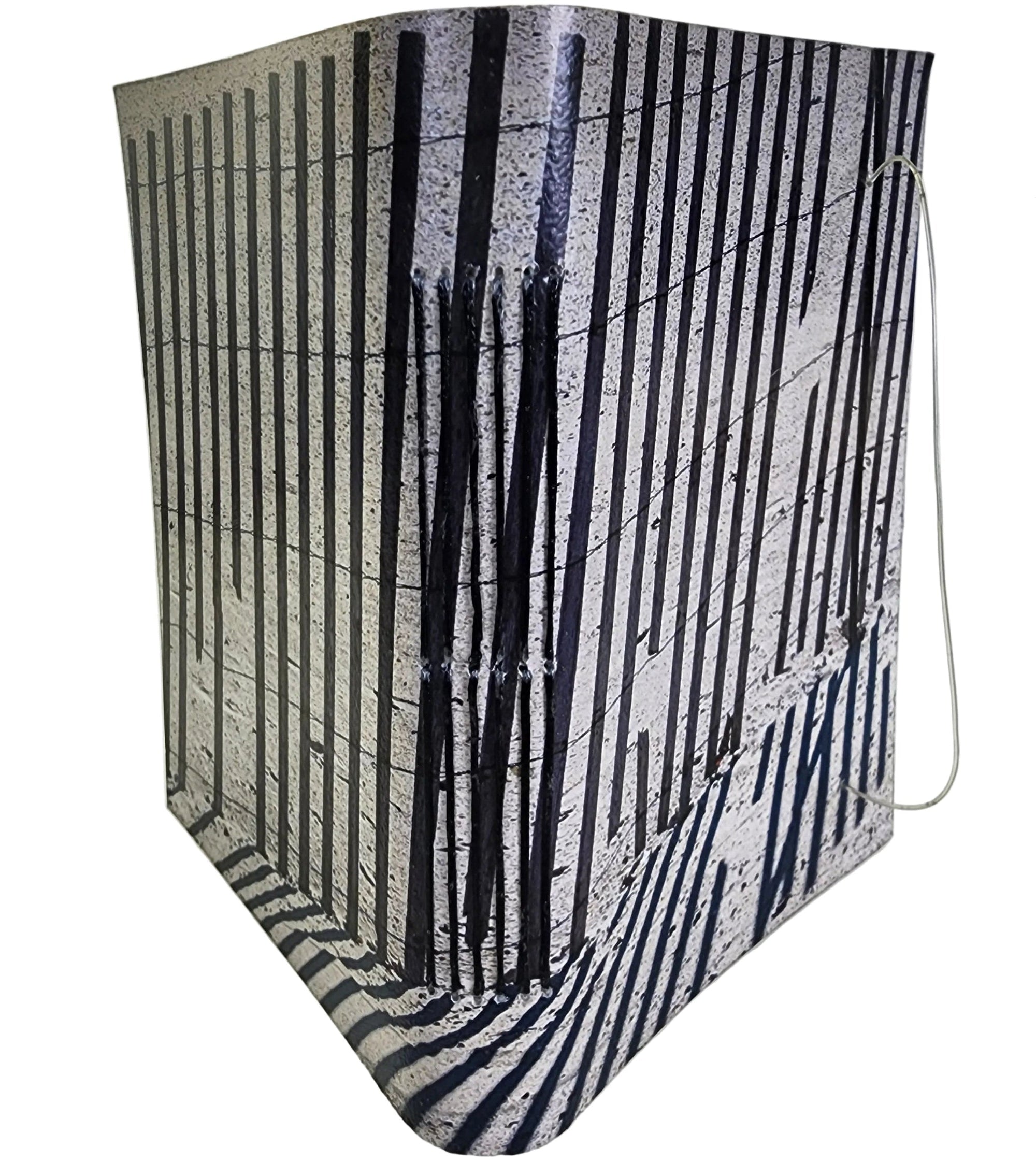 0346 photowrap journal, battered snowfence casting shadows on Lake Michigan beach, black longstitch binding, coated cover, clear elastic closure