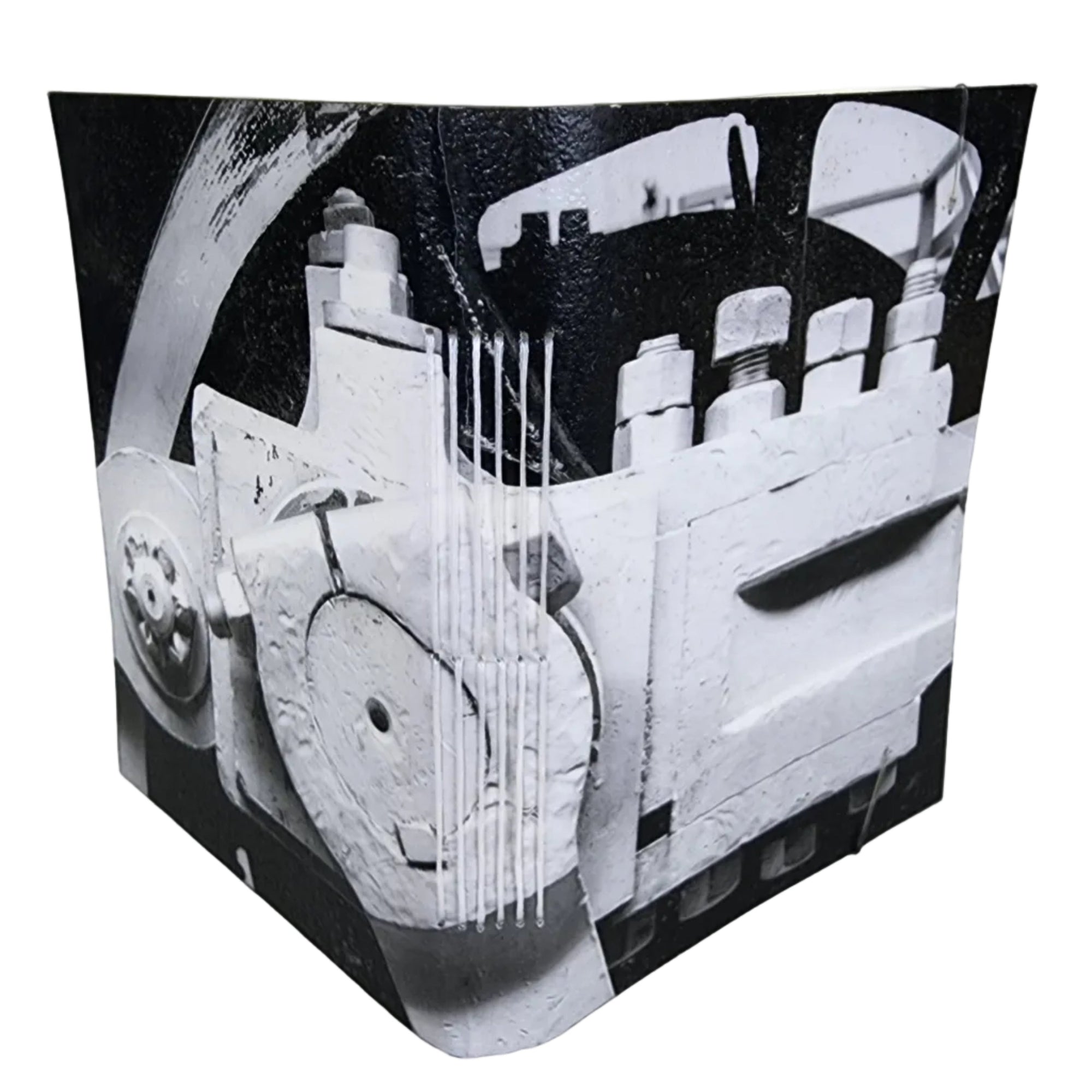 0354 - photowrap journal with detail of a black and white vintage railroad locomotive wheel with trumpet nuts; white longstitch thread, grey faux-parchment paper, ~4x5.5" 96 pages