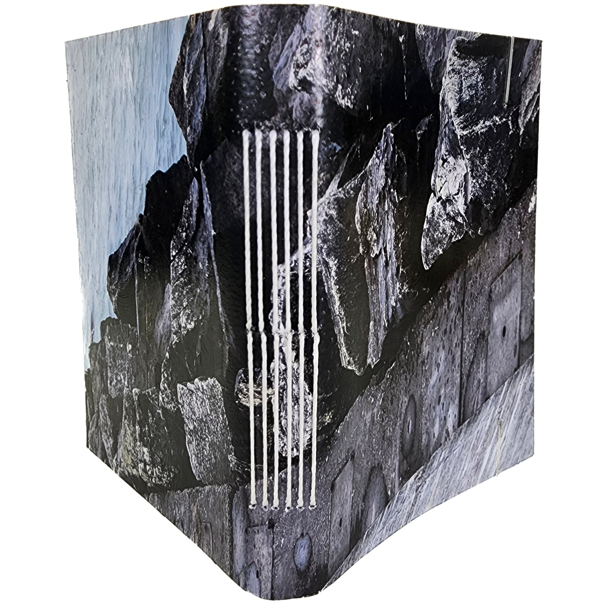 photowrap journal, concrete and boulder jetty, white longstitch binding, coated cover, clear elastic closure