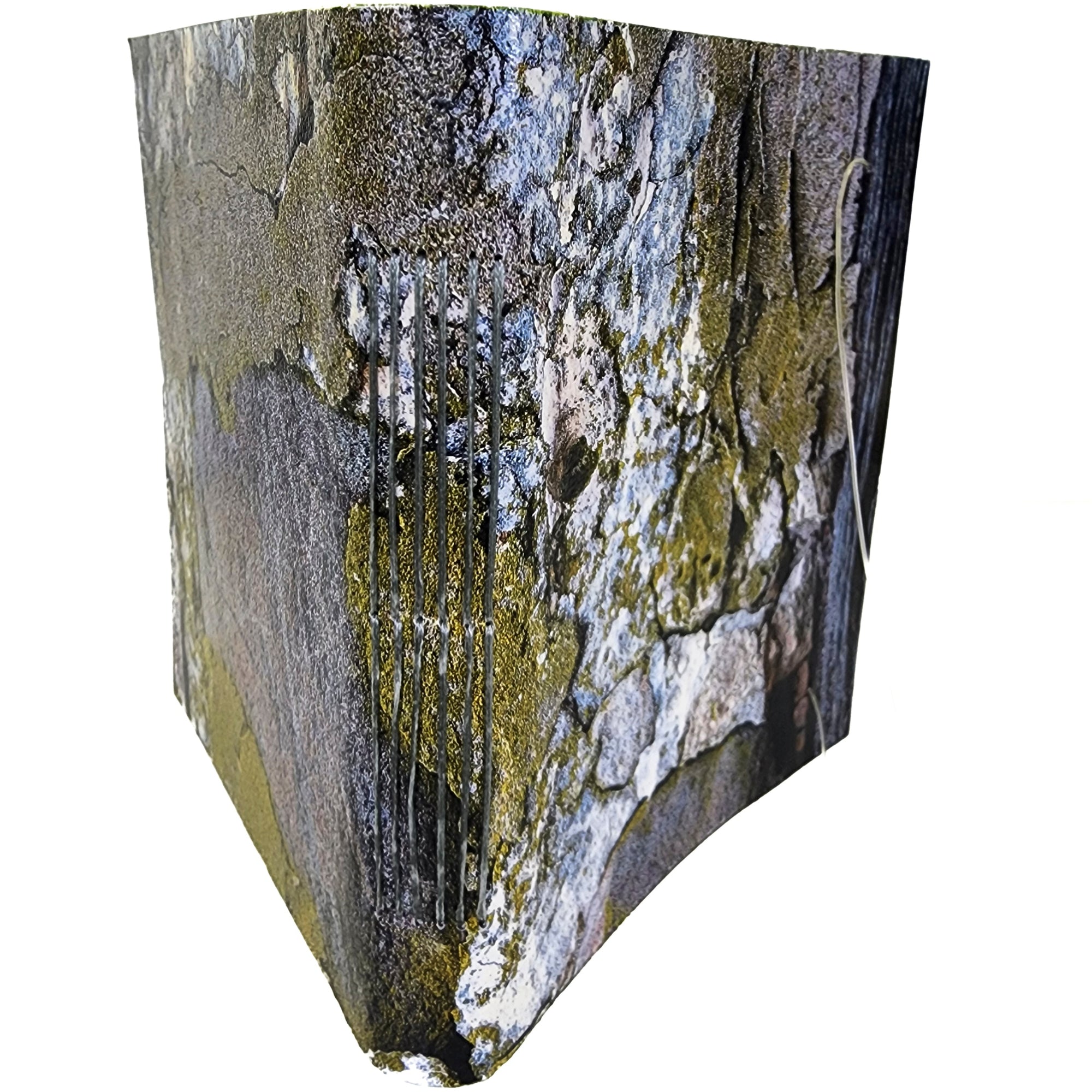 0397 photowrap journal, Matz Farm moss-covered stone wall, olive longstitch binding, coated cover, clear elastic closure