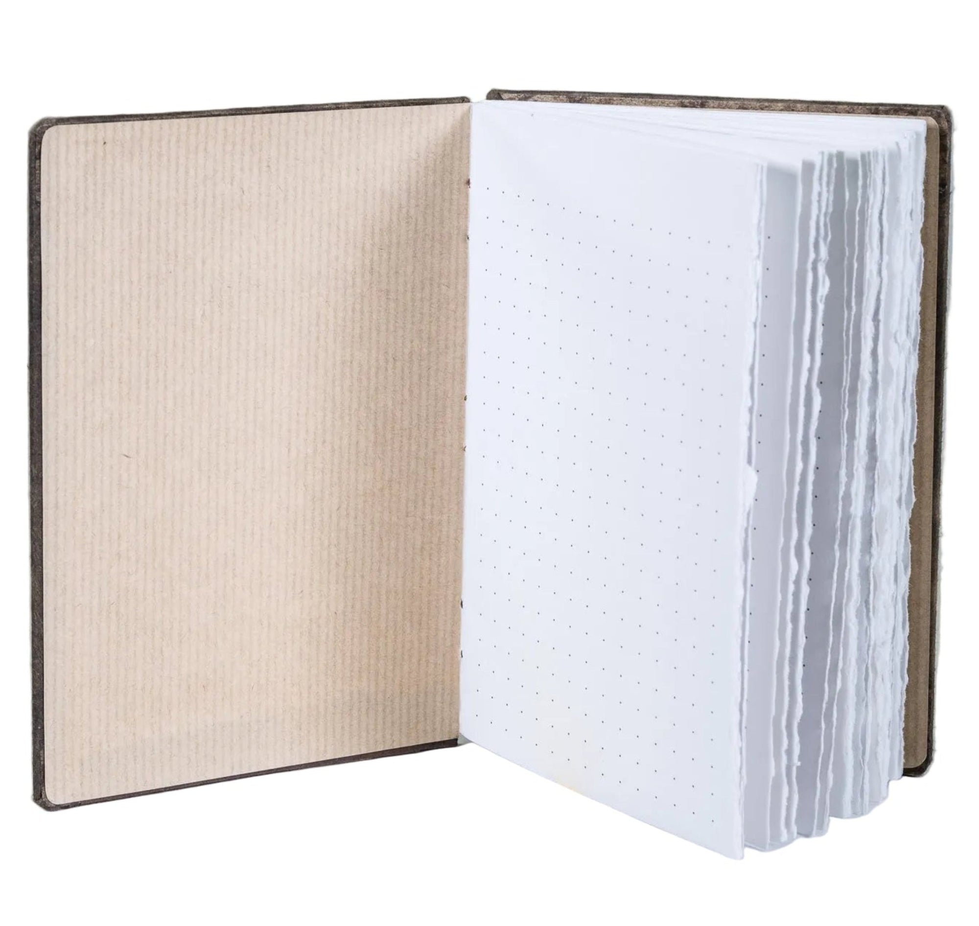 inside front cover of the mottled brown x-book showing the repurposed striped British bag and the pages of 1/4" light brown dot pattern (in lieu of lines) and the hand-torn fore-edges of each page, ~4.25x6.25" 120 pages, shown on a white background