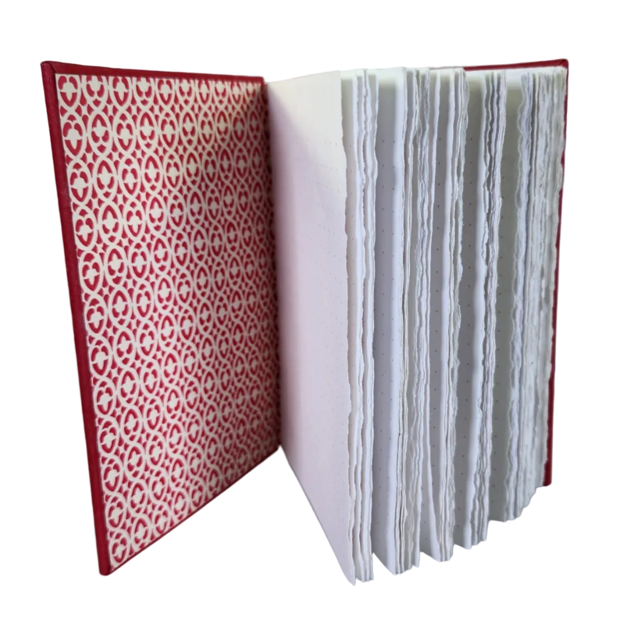 inside front cover of the red x-book showing the vintage Italian red and white paper and the pages with hand-torn deckled edges, ~4.25x6.25" 120 pages, shown on a white background