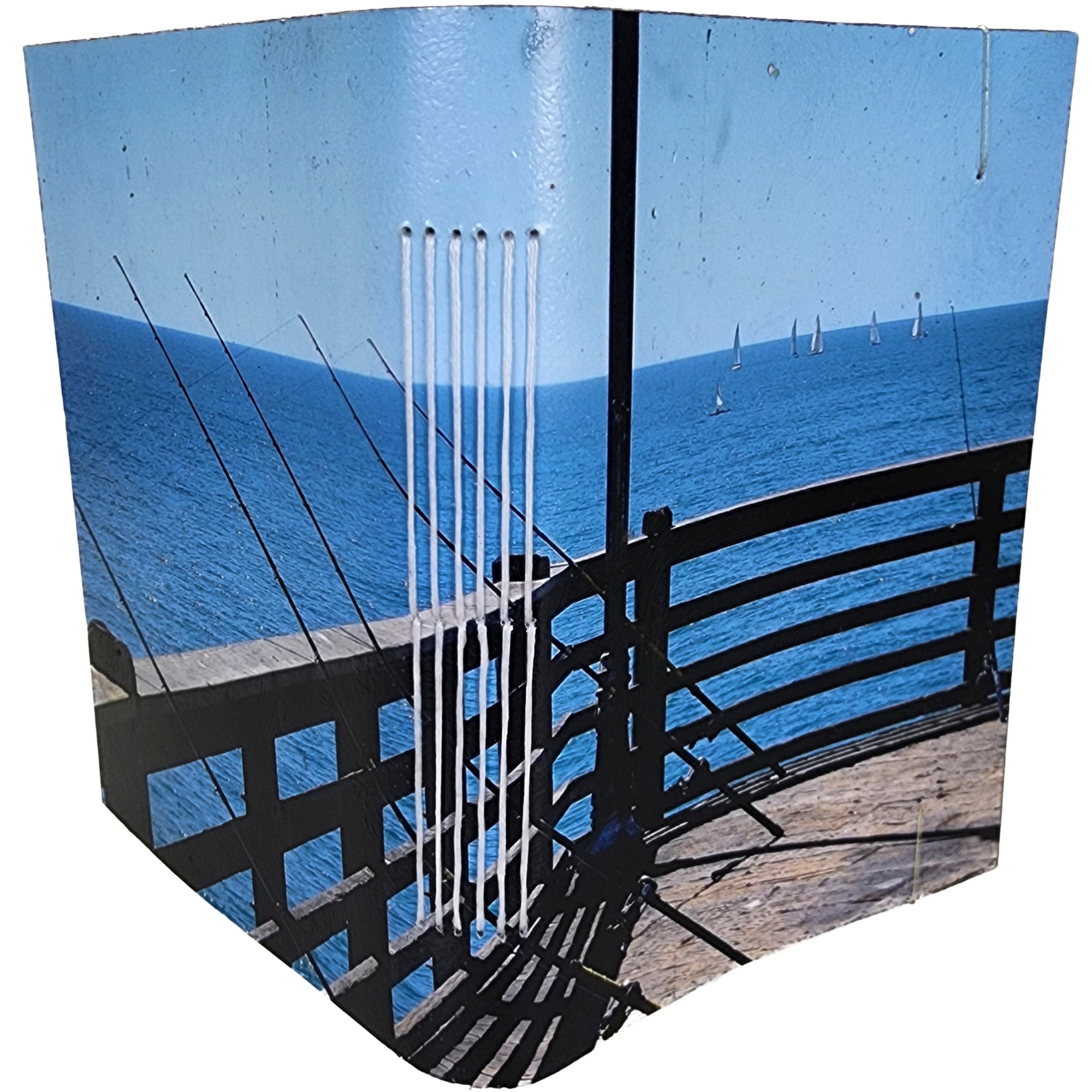 0360 - photowrap journal, oceanside dock with fishing poles and sailboats on the horizon; white longstitch binding 96 pages