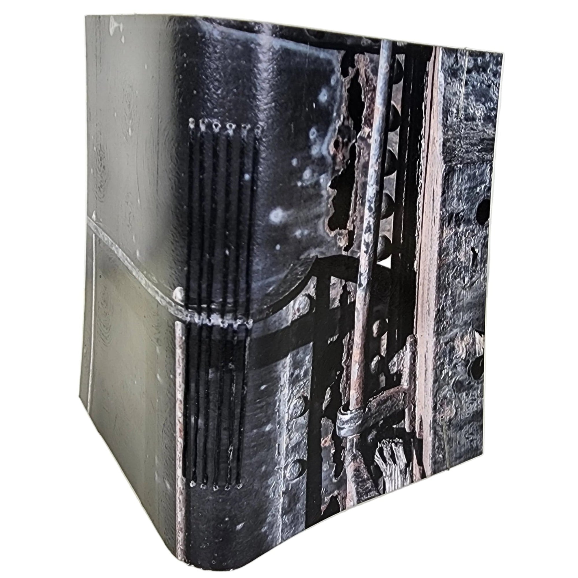 0363 - photowrap journal with rear detail of a vintage railroad tender (coal car); longstitch binding using black polyester thread, grey faux-parchment paper, ~4x5.5" 96 pages.