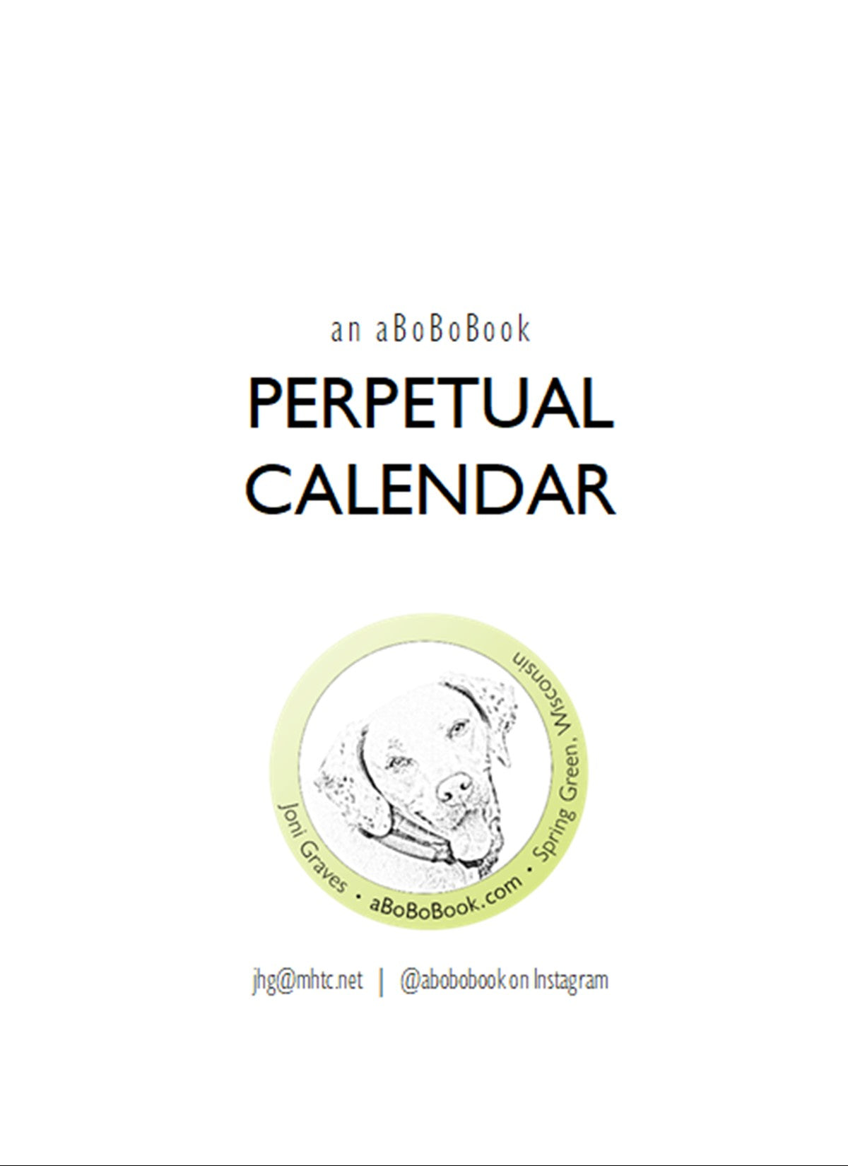 Perpetual calendar with branding and contact information on a white background